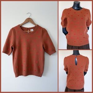 NWOT Anthropologie Maeve Heart Embroidered Puff Sleeve Sweater Tee in Small